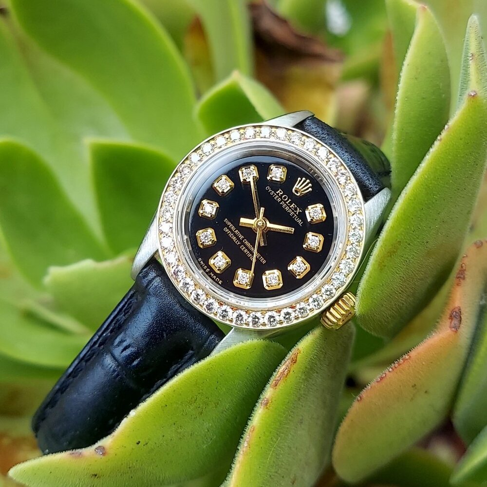 🚨sale🚨 Rolex ladies 24mm Oyster perpetual black diamond on leather strap